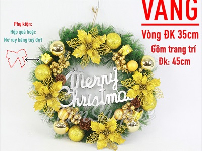 Vòng nguyệt quế Noel 4 hoa trạng nguyên kim tuyến ĐK45cm VNGQ-X-45